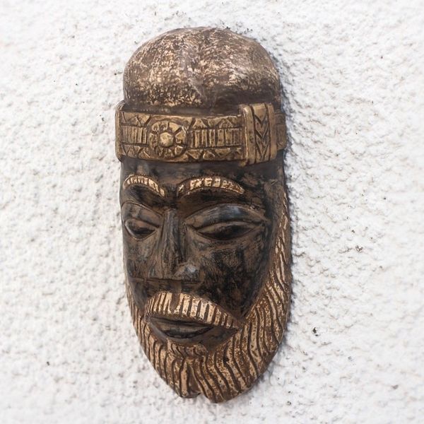 Alternate image for Brown and Gold-Tone African Wood Mask from Ghana Bearded Nii Amugi