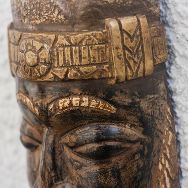 Alternate image for Brown and Gold-Tone African Wood Mask from Ghana Bearded Nii Amugi