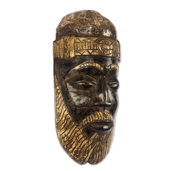 Alternate image for Brown and Gold-Tone African Wood Mask from Ghana Bearded Nii Amugi