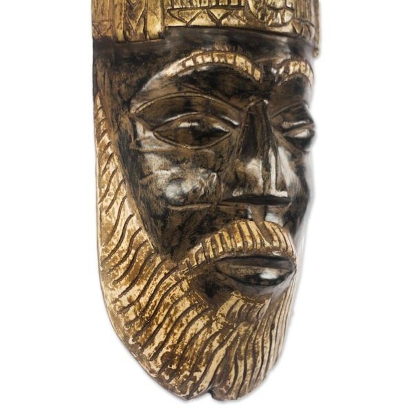 Alternate image for Brown and Gold-Tone African Wood Mask from Ghana Bearded Nii Amugi