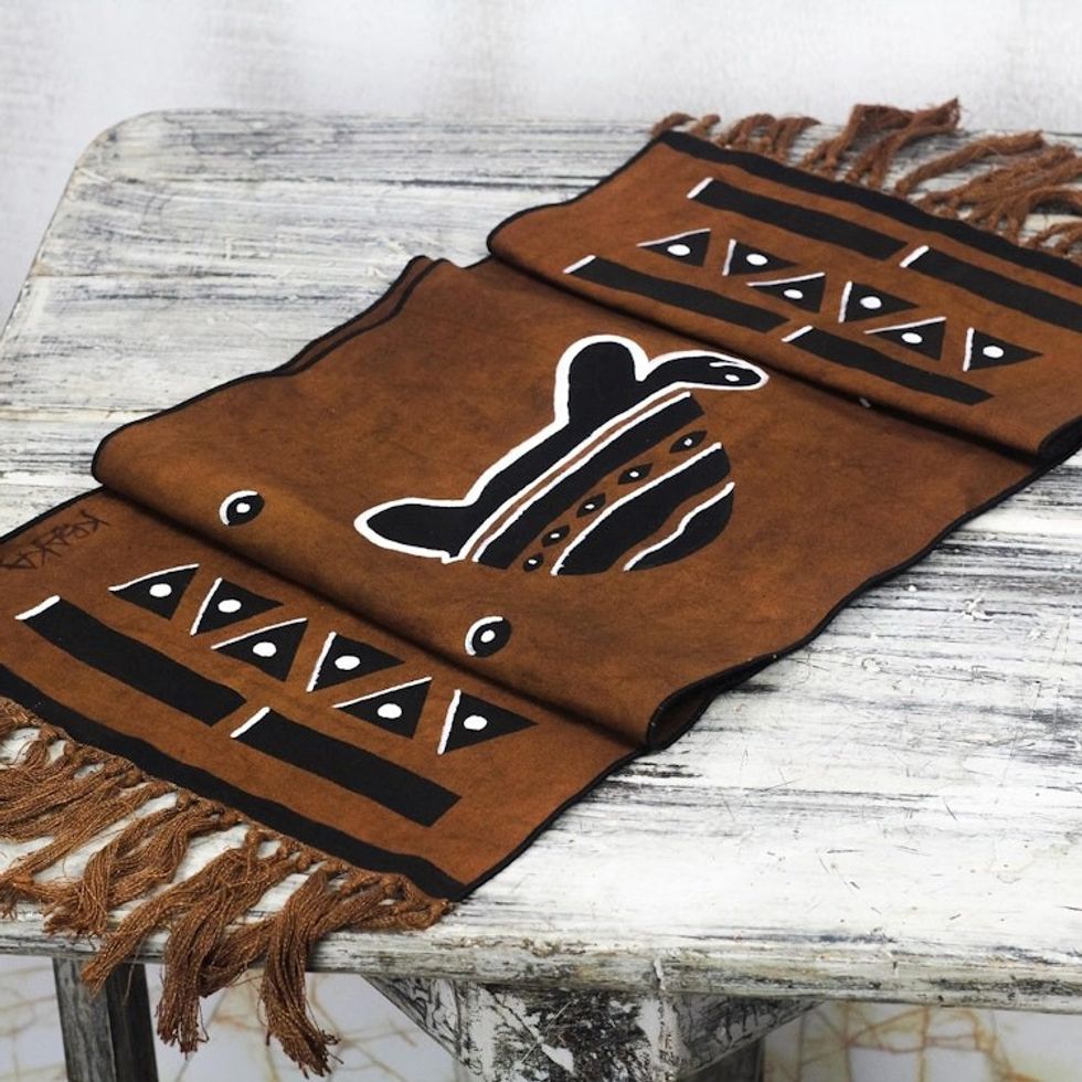 Hand-Painted Turtle-Themed Cotton Table Runner from Ghana 'Turtle Procession'