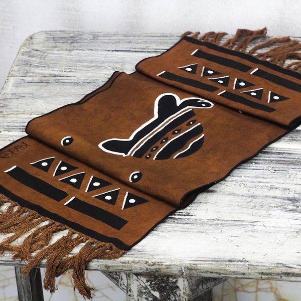 Alternate image for Hand-Painted Turtle-Themed Cotton Table Runner from Ghana Turtle Procession