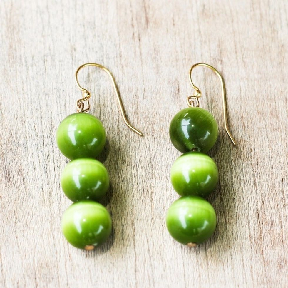 Green Cat's Eye Beaded Dangle Earrings from Ghana 'Verdant Orbs'