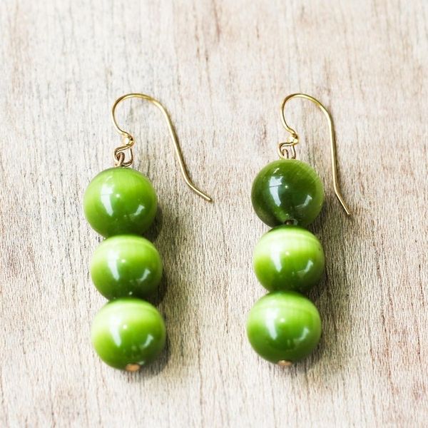 Alternate image for Green Cats Eye Beaded Dangle Earrings from Ghana Verdant Orbs