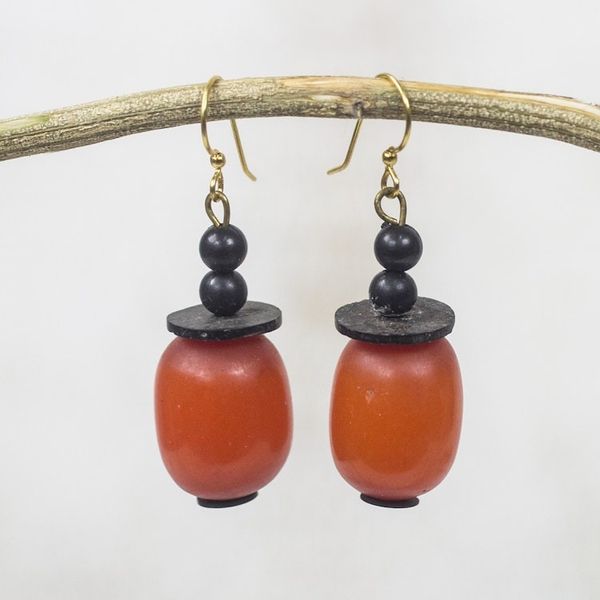 Alternate image for Orange Wood and Recycled Plastic Dangle Earrings Happy Helper