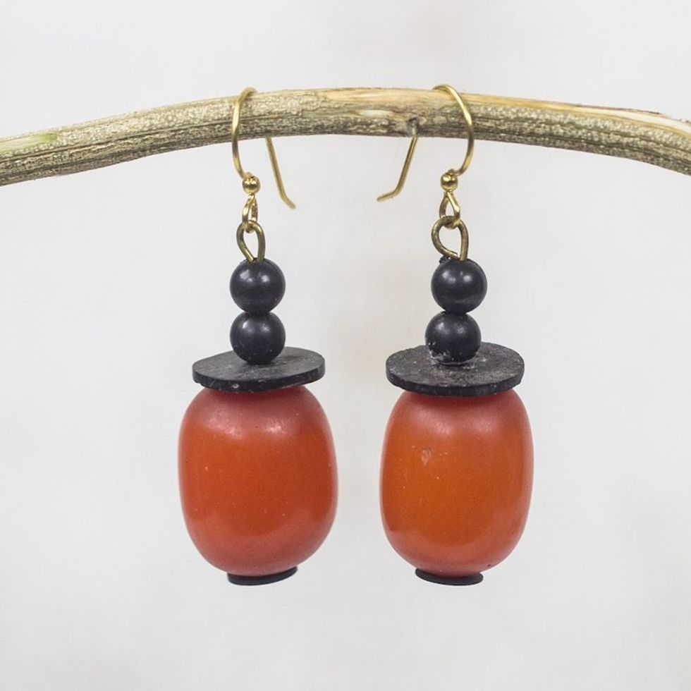 Orange Wood and Recycled Plastic Dangle Earrings 'Happy Helper'
