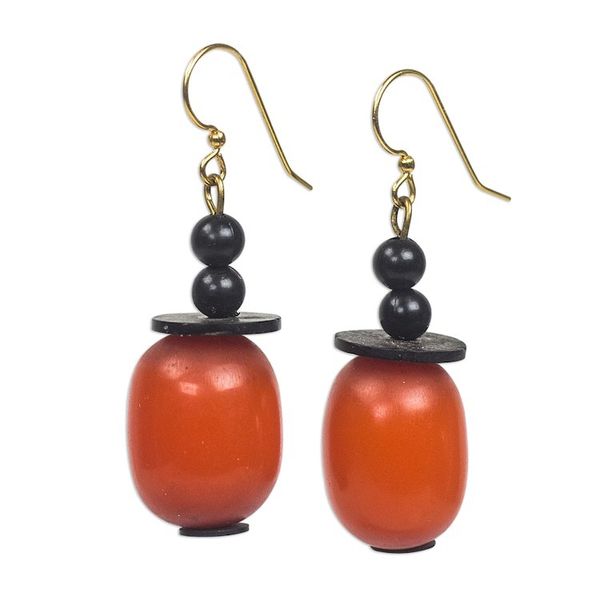 Alternate image for Orange Wood and Recycled Plastic Dangle Earrings Happy Helper