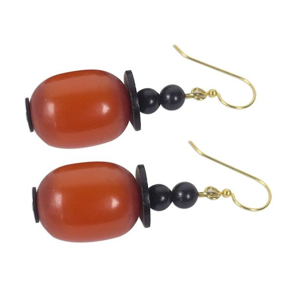 Alternate image for Orange Wood and Recycled Plastic Dangle Earrings Happy Helper
