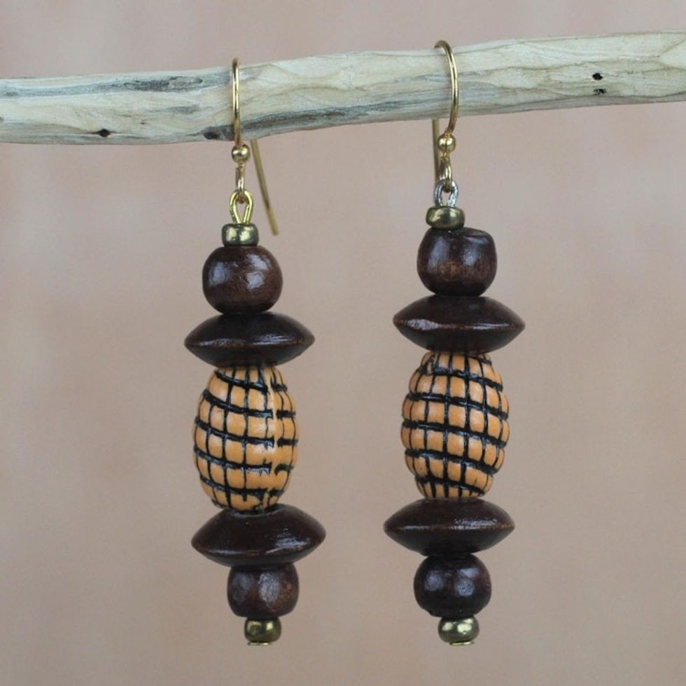 Wood and Recycled Plastic Beaded Dangle Earrings from Ghana 'Eco Joy'