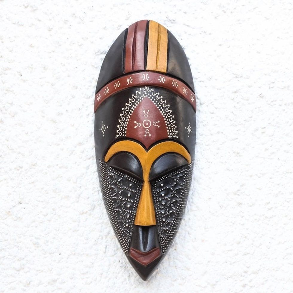 Colorful Aluminum Accented African Wood Mask from Ghana 'Face of Greatness'