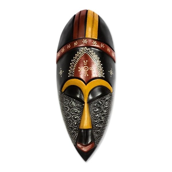 Alternate image for Colorful Aluminum Accented African Wood Mask from Ghana Face of Greatness