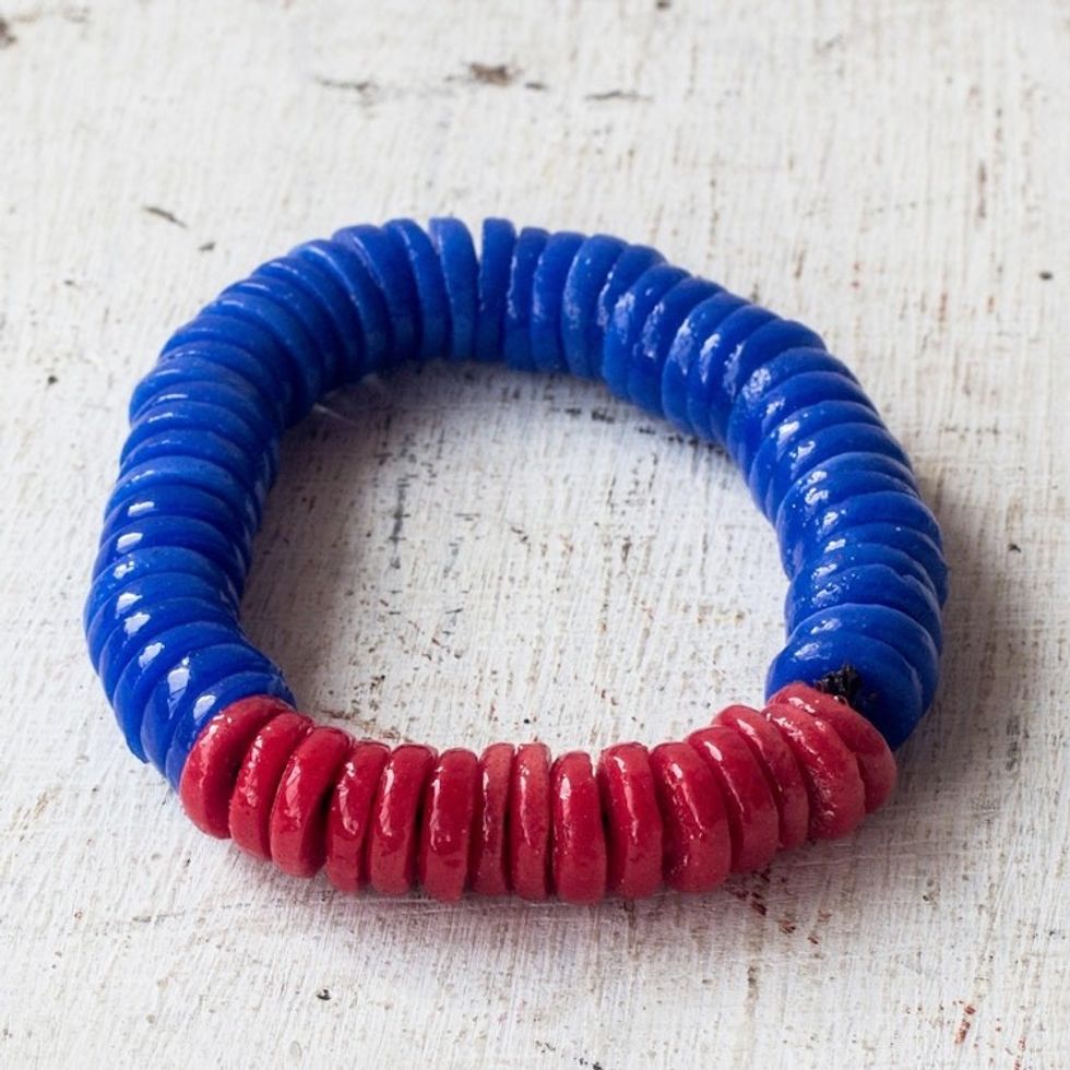 Red and Blue Recycled Plastic Beaded Stretch Bracelet 'Adepa'