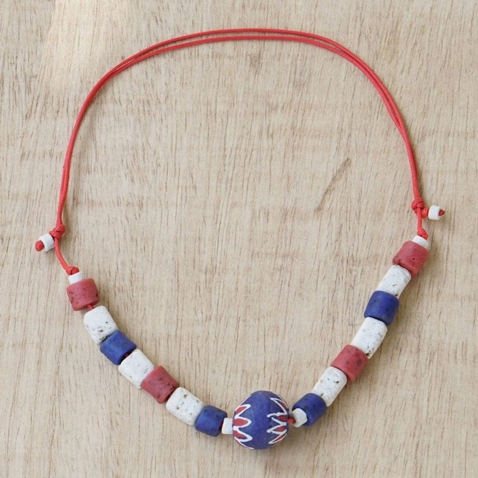 Blue and Red Recycled Glass Beaded Necklace 'Love Fest'
