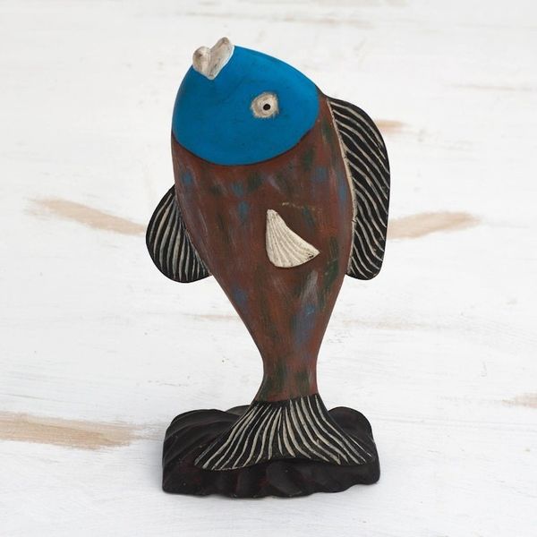 Alternate image for Hand-Carved Rustic Sese Wood Fish Sculpture from Ghana Opportunistic Fish