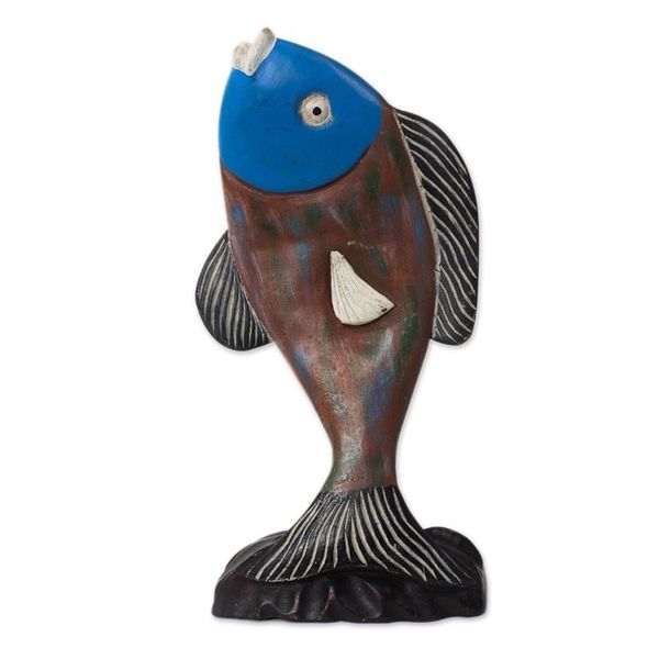 Alternate image for Hand-Carved Rustic Sese Wood Fish Sculpture from Ghana Opportunistic Fish