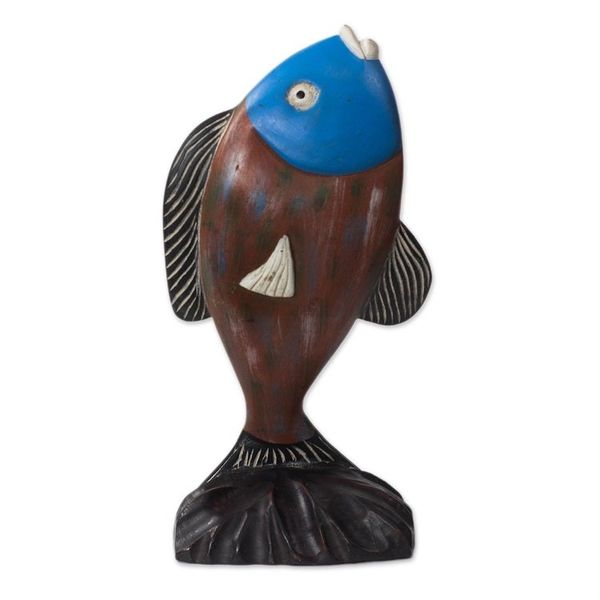 Alternate image for Hand-Carved Rustic Sese Wood Fish Sculpture from Ghana Opportunistic Fish