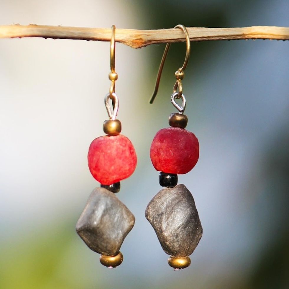 Recycled Glass and Ceramic Beaded Dangle Earrings 'Power Stones'