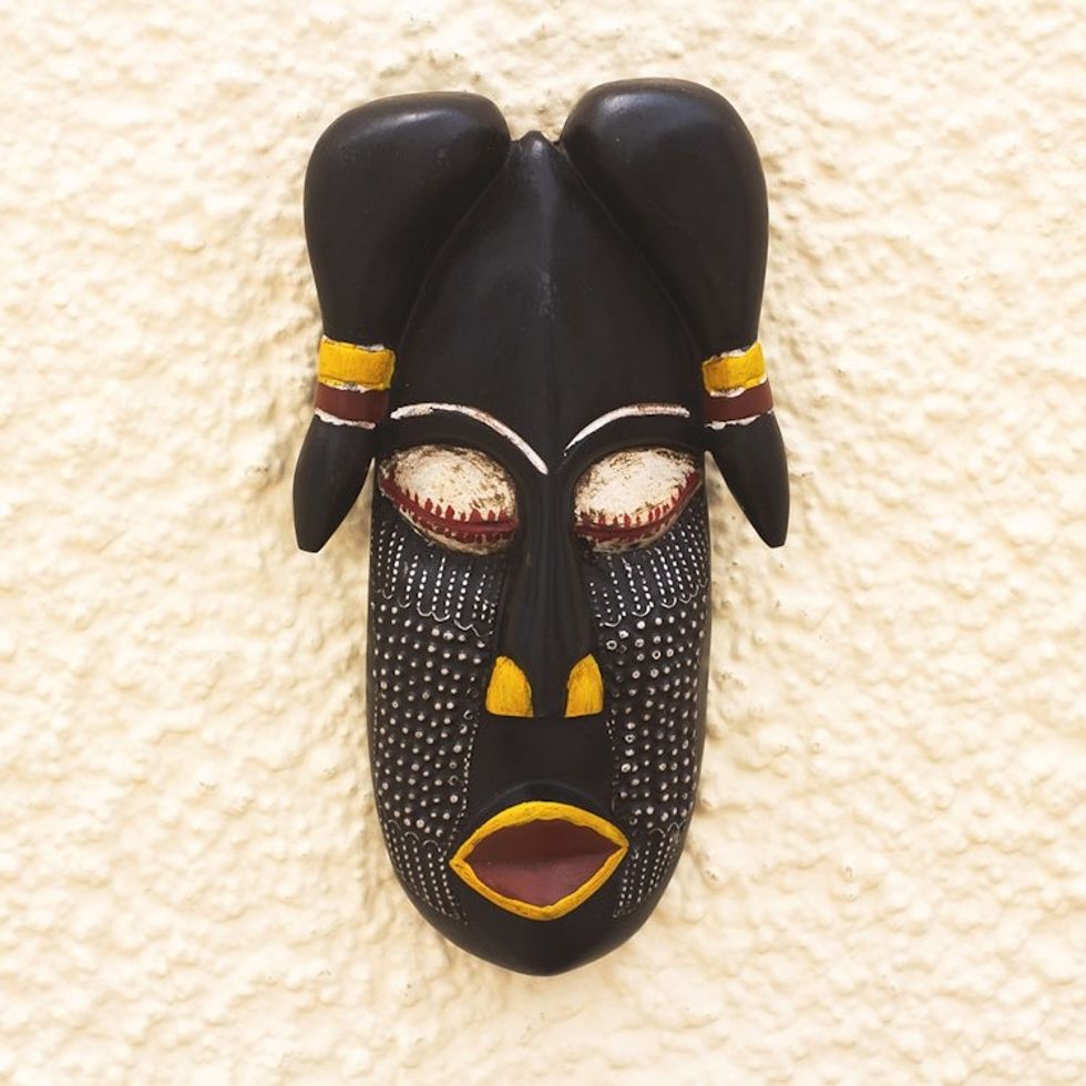 African Wood Mask with Embossed Aluminum from Ghana 'Mighty Horns'