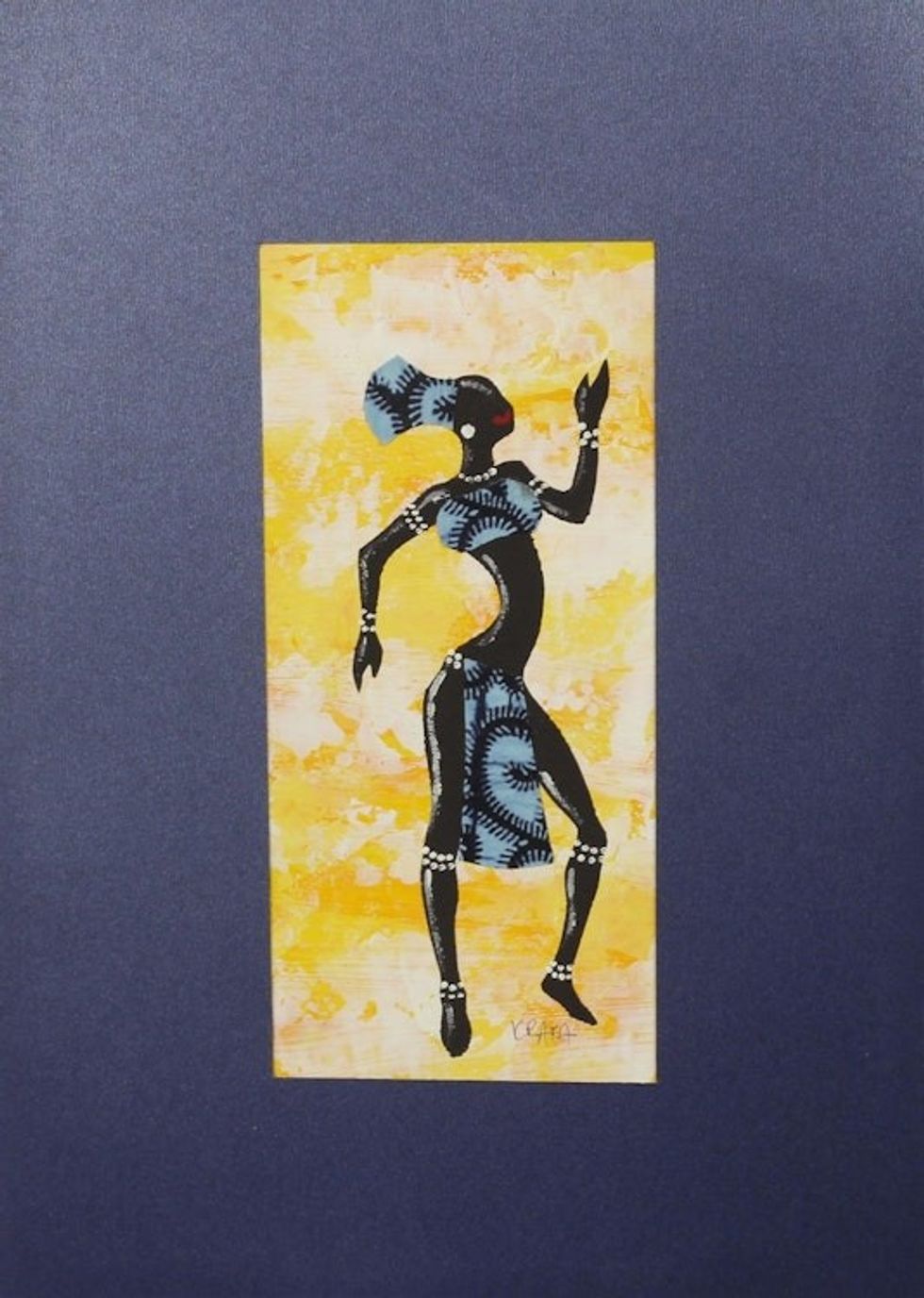 Signed Painting of a Dancing Woman in a Blue Cotton Dress 'Kpanlogo Dance Yellow I'