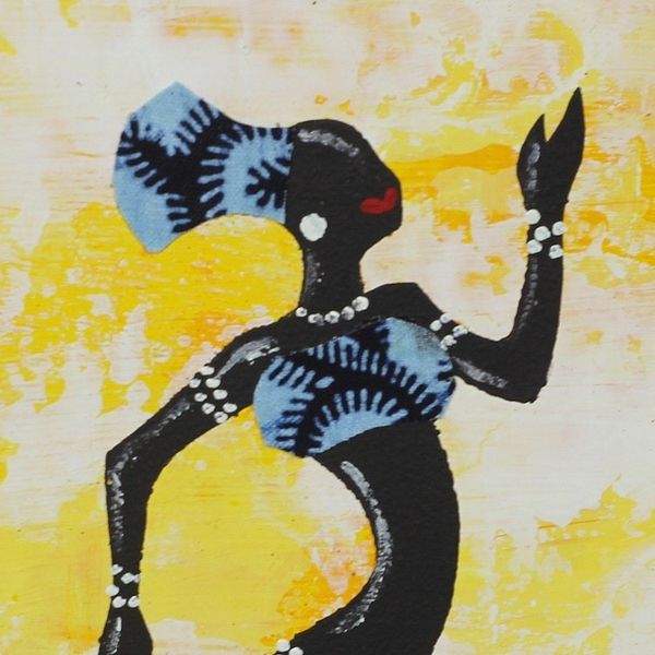 Alternate image for Signed Painting of a Dancing Woman in a Blue Cotton Dress Kpanlogo Dance Yellow I