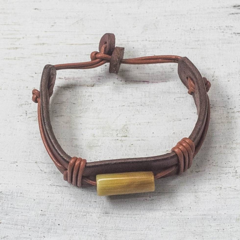 Men's Horn and Leather Wristband Bracelet from Ghana 'Bound'