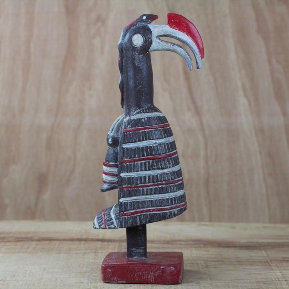 Red Black Off-White Mother and Baby Bird Wood Sculpture 'Bird at Rest'