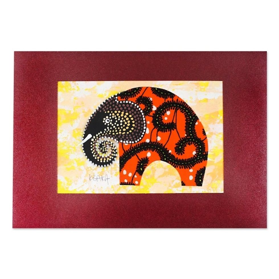 Signed Cotton Accented Elephant Painting in Saffron 'Saffron Elephant'