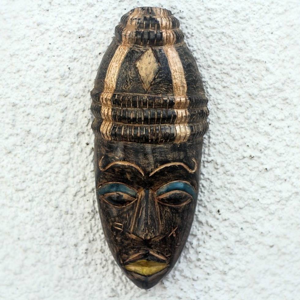 Black and Beige African Wood Mask from Ghana 'Hat Wearer'