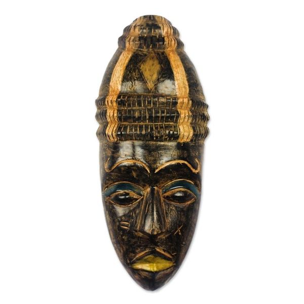 Alternate image for Black and Beige African Wood Mask from Ghana Hat Wearer