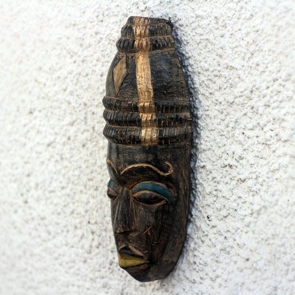 Alternate image for Black and Beige African Wood Mask from Ghana Hat Wearer