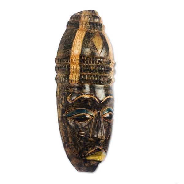 Alternate image for Black and Beige African Wood Mask from Ghana Hat Wearer
