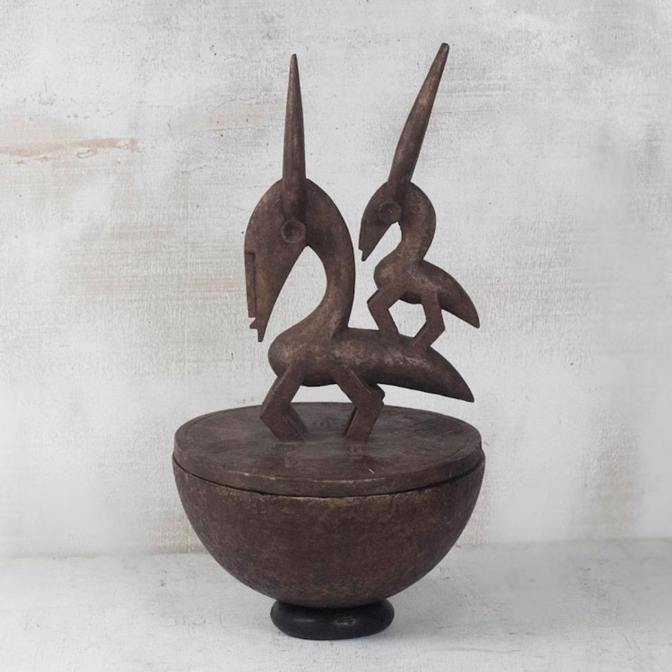 Bambara-Inspired Wood Decorative Jar from Ghana 'Bambara Figure'