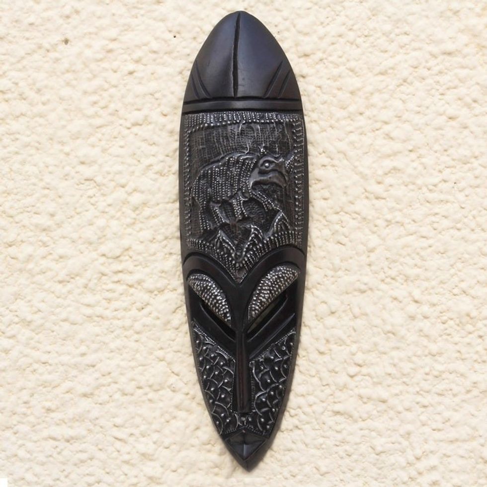 Rhino-Themed African Sese Wood and Aluminum Mask from Ghana 'Dark Lobi'