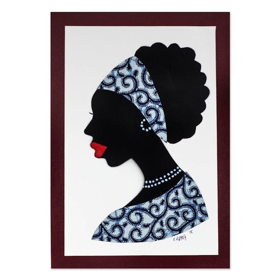 Signed African Woman Painting in Blue from Ghana 'Mansah in Blue'