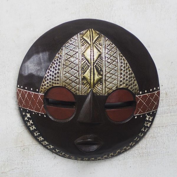 Alternate image for Round African Sese Wood Mask in Brown from Ghana Elikem Child