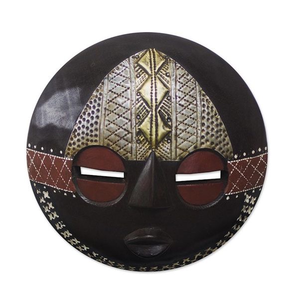 Alternate image for Round African Sese Wood Mask in Brown from Ghana Elikem Child