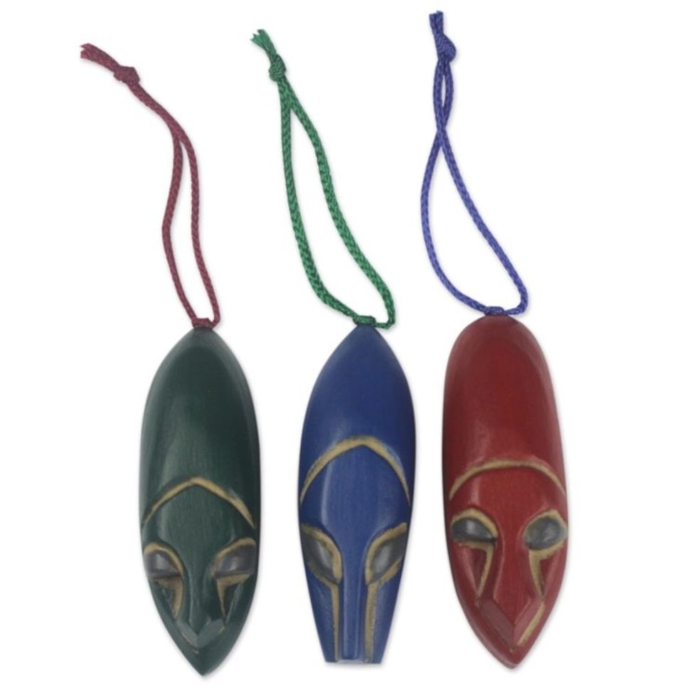 Hand Carved Ofram Wood Holiday Ornaments Set of 3 'Ashanti Mask'