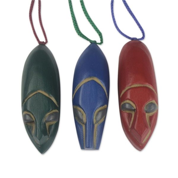 Alternate image for Hand Carved Ofram Wood Holiday Ornaments Set of 3 Ashanti Mask