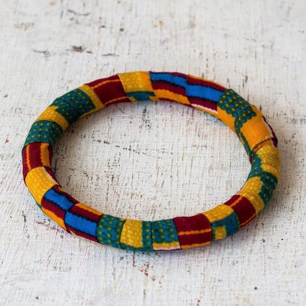 Alternate image for Cotton Kente and Sese Wood Bangle Bracelet from Ghana Enchanting Odo
