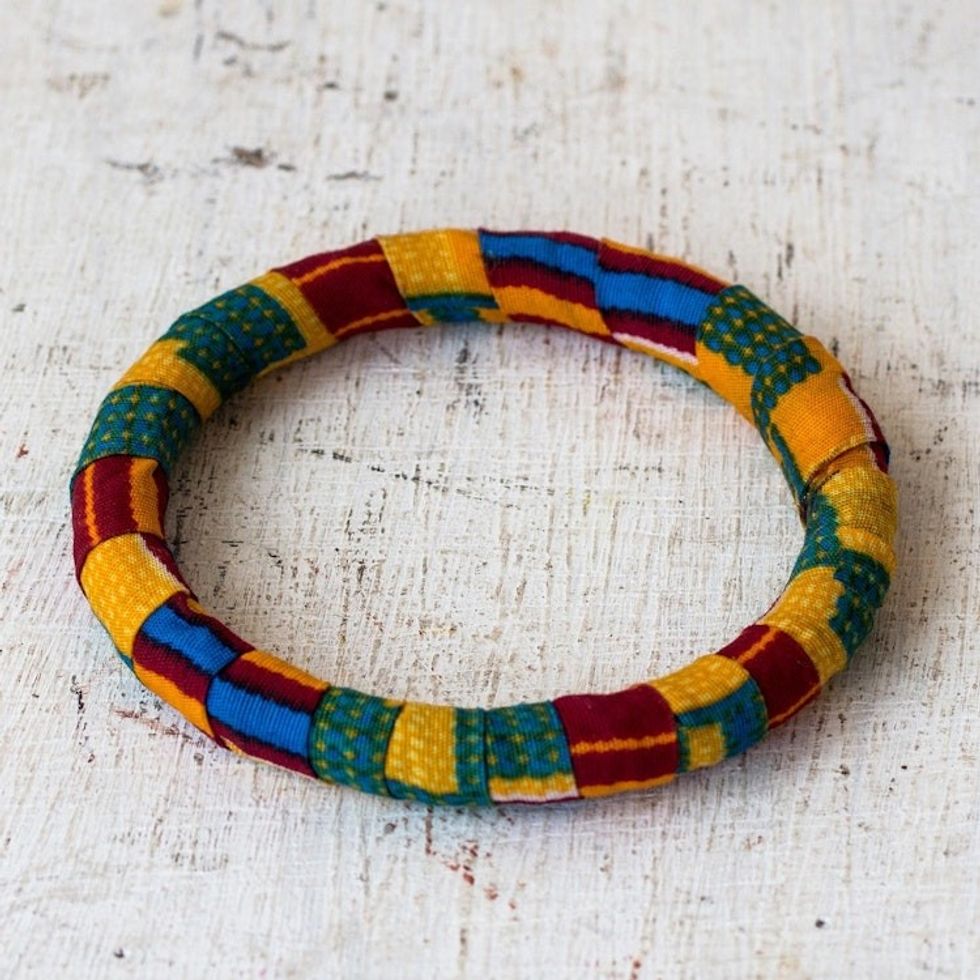 Cotton Kente and Sese Wood Bangle Bracelet from Ghana 'Enchanting Odo'