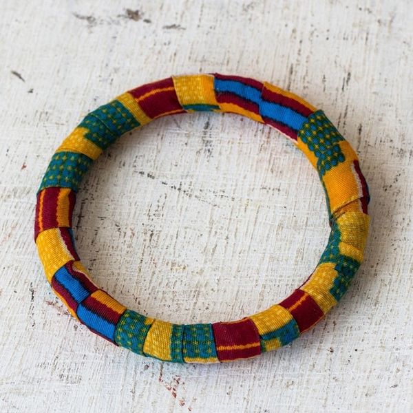 Alternate image for Cotton Kente and Sese Wood Bangle Bracelet from Ghana Enchanting Odo