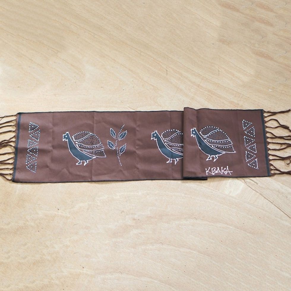 Hand-Painted Cotton Peacock Table Runner from Ghana 'Peacock Procession'