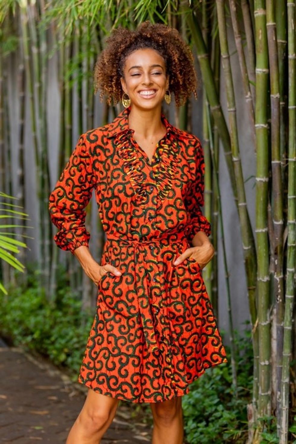 Printed Cotton Long Sleeve Shirtwaist Dress in Strawberry 'Casual Day'
