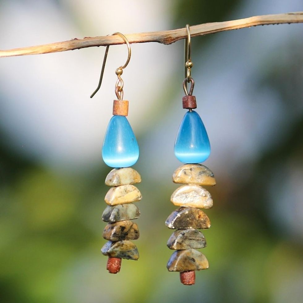 Cat's Eye and Soapstone Beaded Dangle Earrings from Ghana 'Natural Half-Circles'