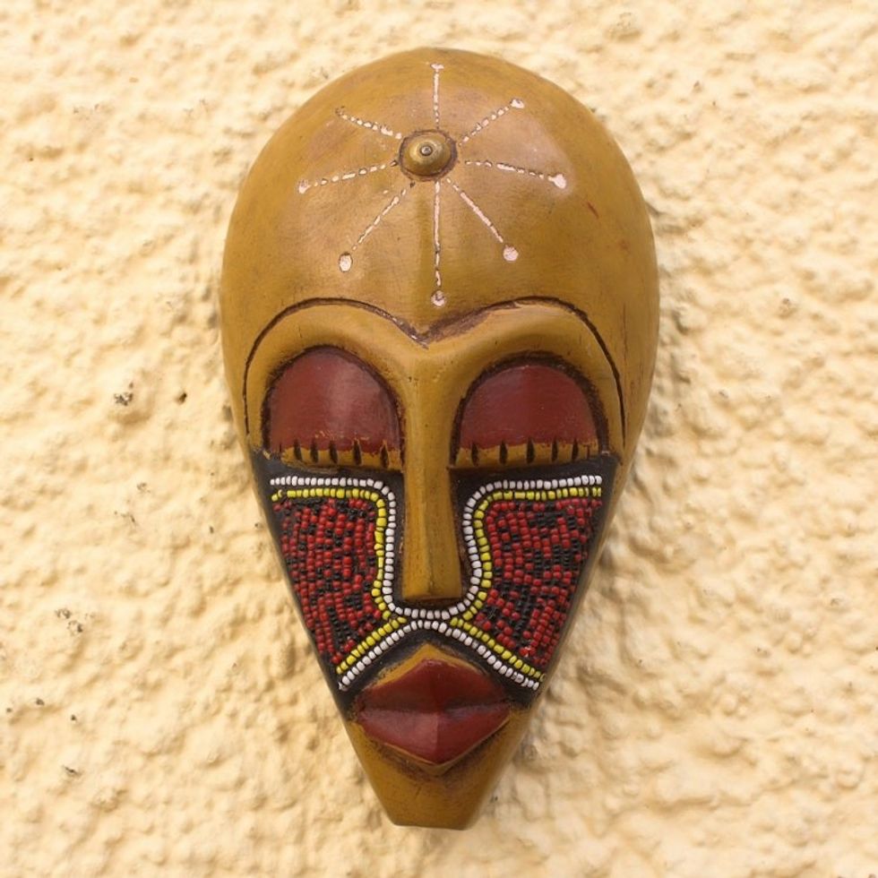 African Wood Mask Accented with Recycled Glass Beads 'Eco Esbuna'