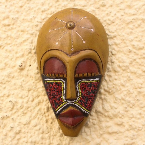 Alternate image for African Wood Mask Accented with Recycled Glass Beads Eco Esbuna