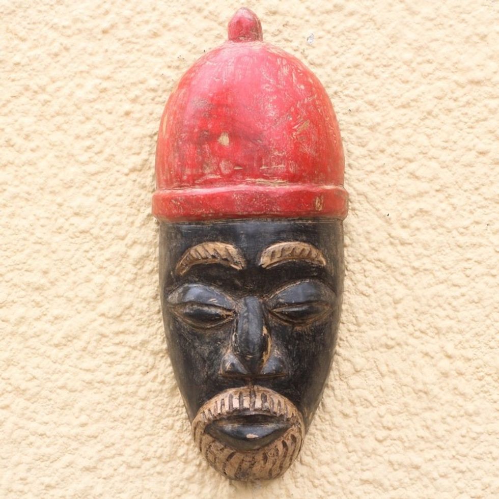 African Wood Mask of a King with a Red Crown from Ghana 'Igwe Crown'