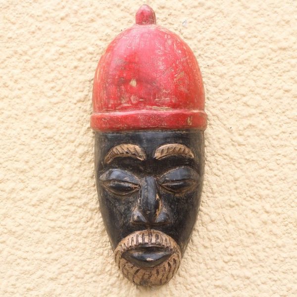 Alternate image for African Wood Mask of a King with a Red Crown from Ghana Igwe Crown
