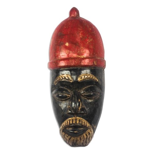 Alternate image for African Wood Mask of a King with a Red Crown from Ghana Igwe Crown