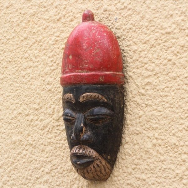 Alternate image for African Wood Mask of a King with a Red Crown from Ghana Igwe Crown